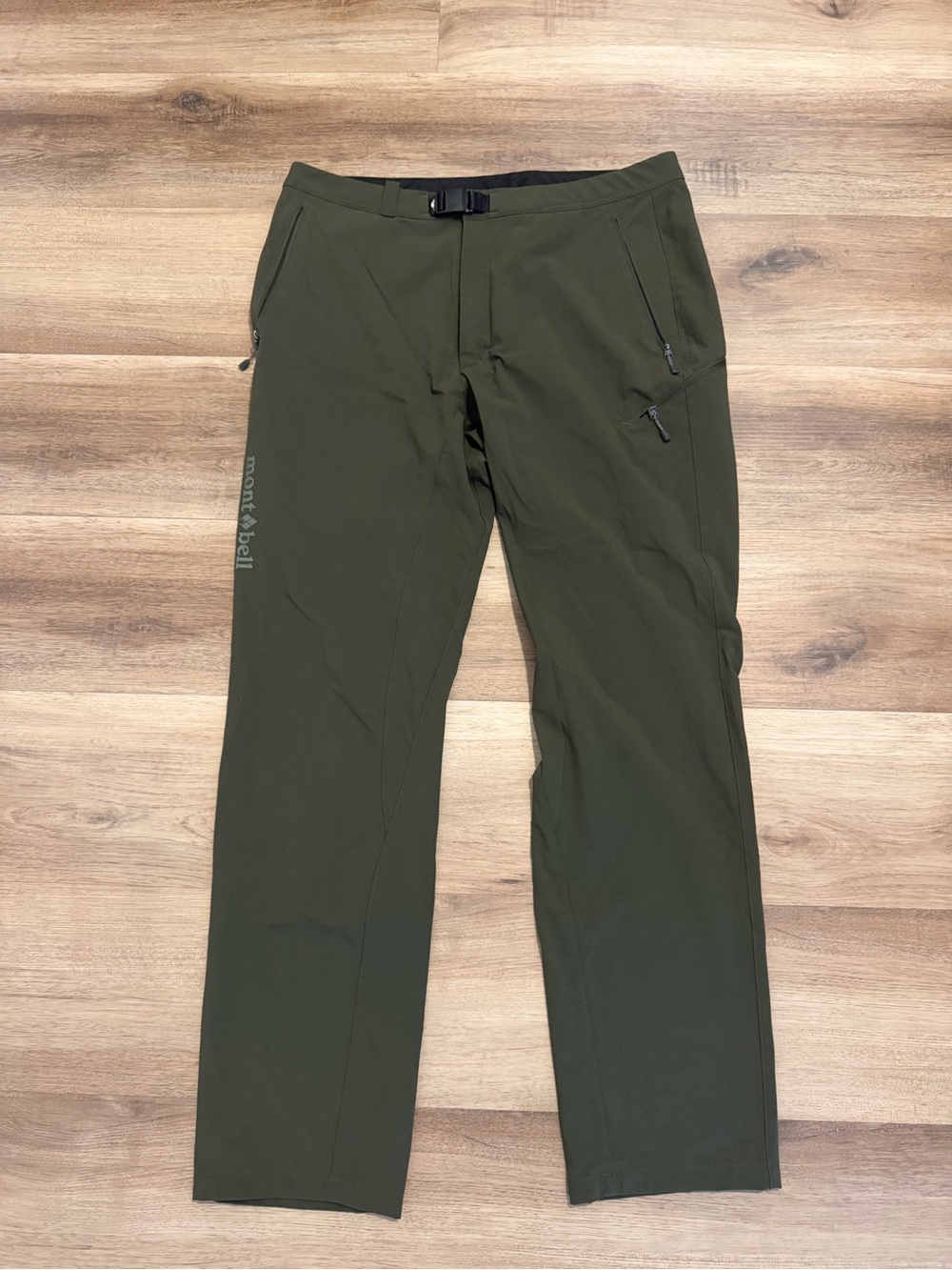 Montbell OD Pants Mens L Green Belted Stretch Hiking Outdoors 32” Inseam